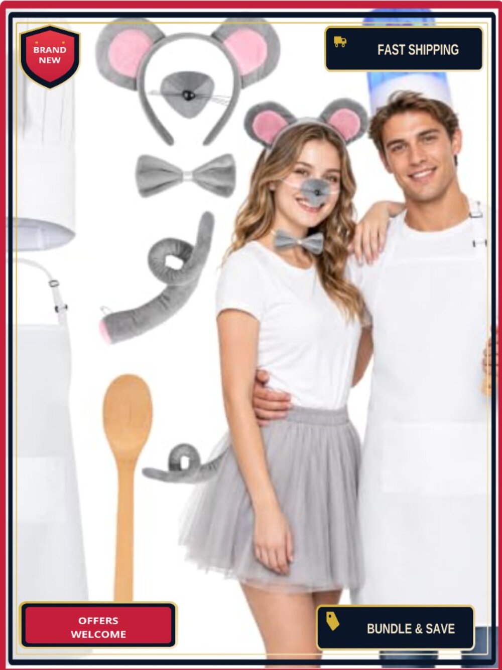 Mouse Chef Couple Costume Set Light-Up Projection Hat Apron Tail